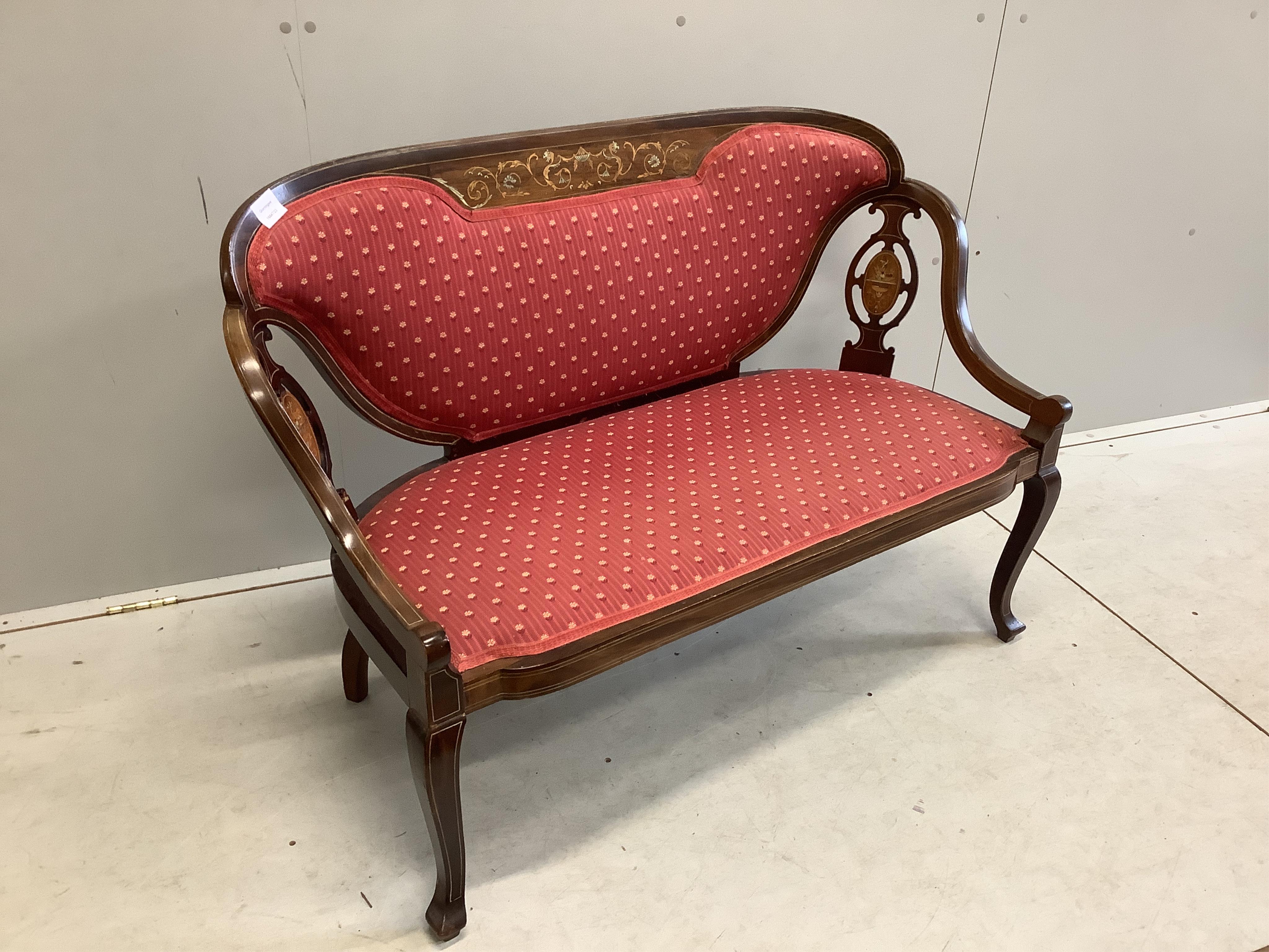 A late Victorian marquetry inlaid mahogany salon sofa, width 117cm, depth 46cm, height 79cm. Condition - fair CITES Submission reference NN6DUT8U